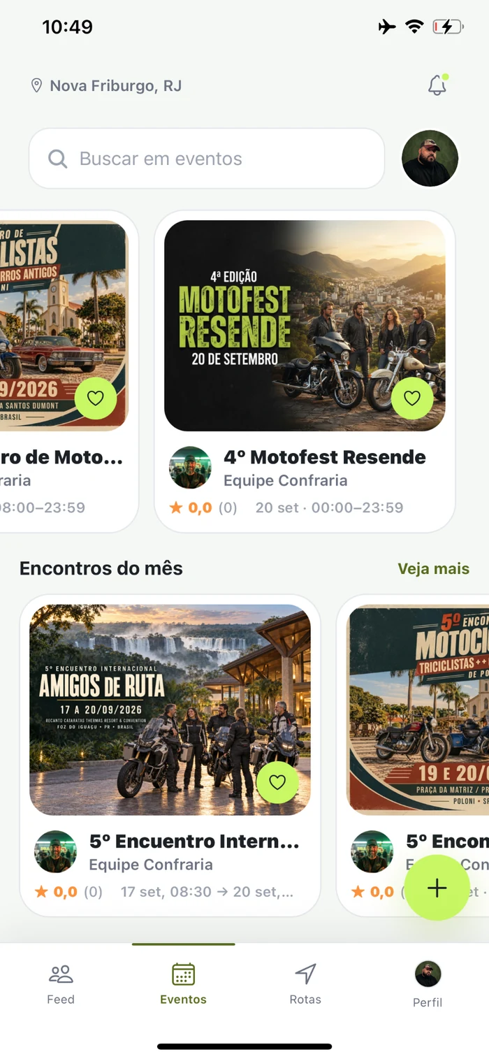 Tela do app mostrando eventos e descobertas