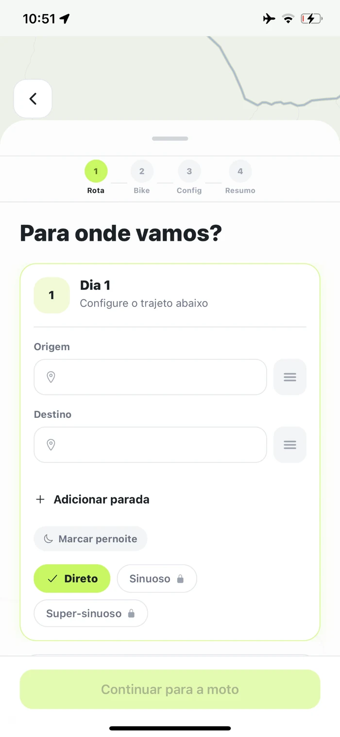 Tela do app mostrando o planejamento da rota