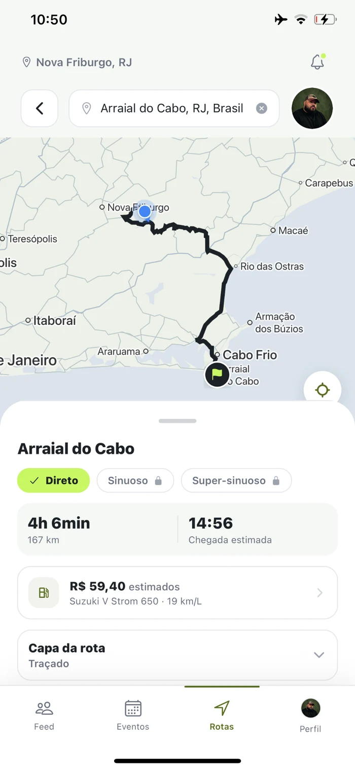 Tela do app mostrando navegação e detalhes da rota