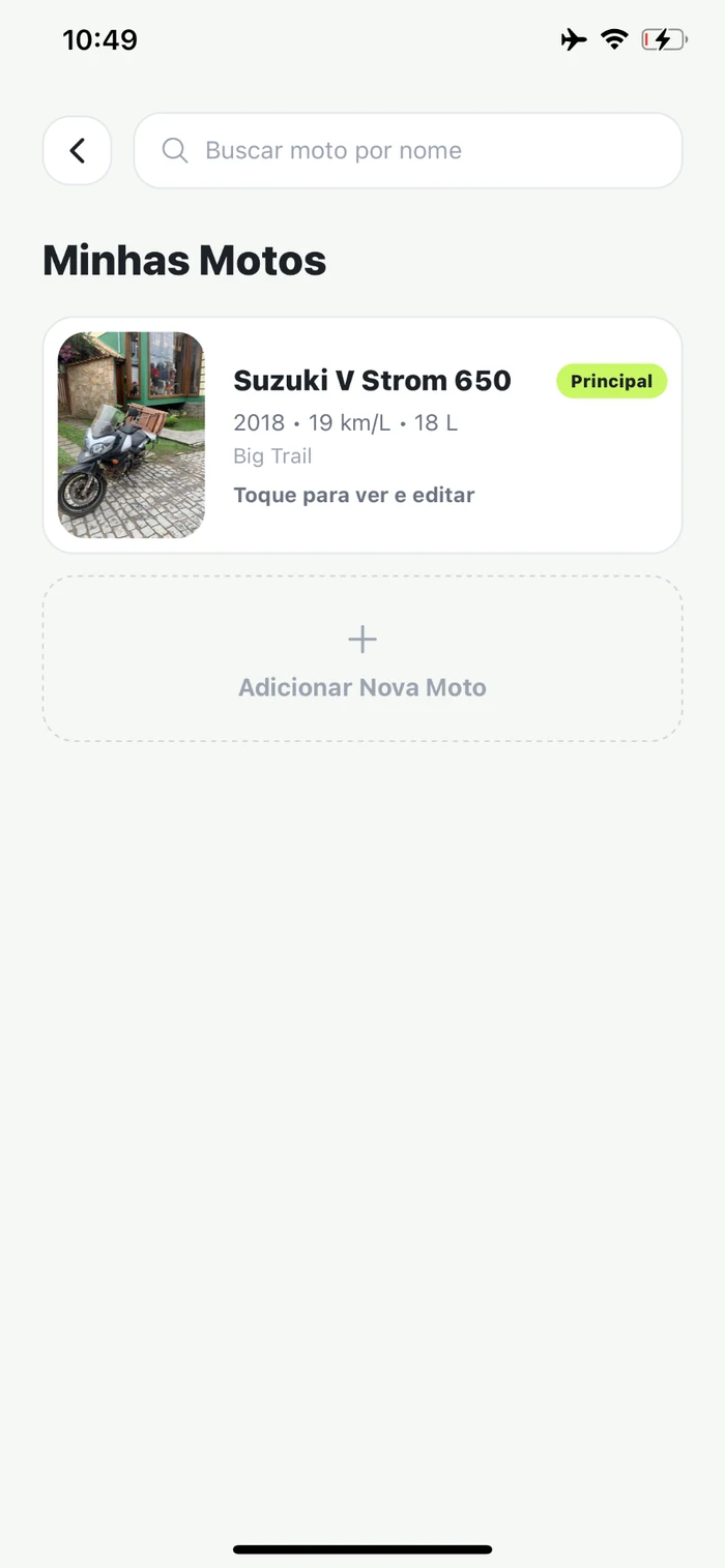 Tela do app mostrando a garagem e as motos do perfil