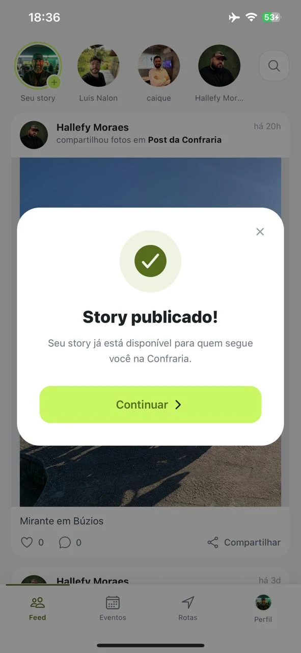 Tela do app mostrando o feed com story publicado